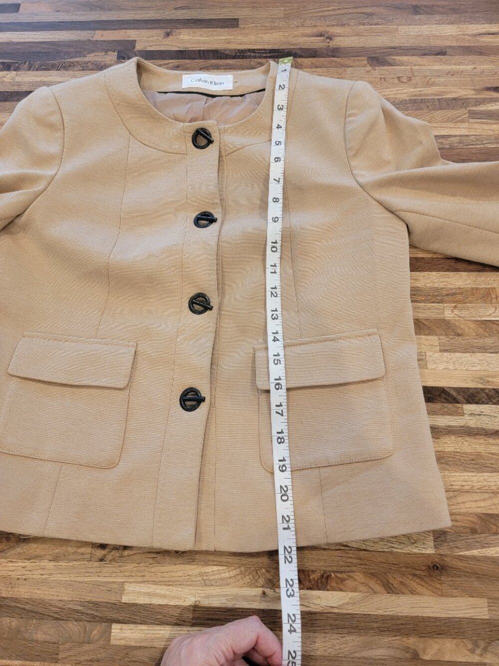 Calvin Klein Knit 3/4 Sleeve Blazer Beige Toggle Jacket Pockets Stretch Career - Picture 6 of 11